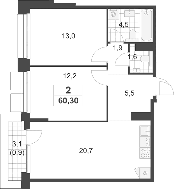 Планировка: Евротрёшка 59,4 м² в ЖК «Южные сады»