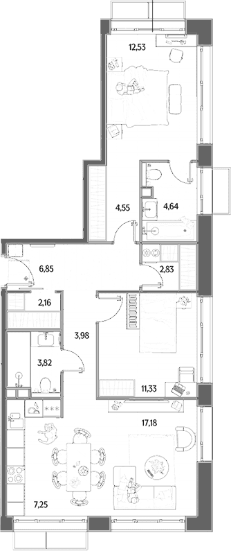 Планировка: Евротрёшка 77,1 м² в ЖК «МЫС»