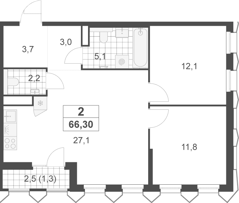 Планировка: Евротрёшка 65 м² в ЖК «Деснаречье»