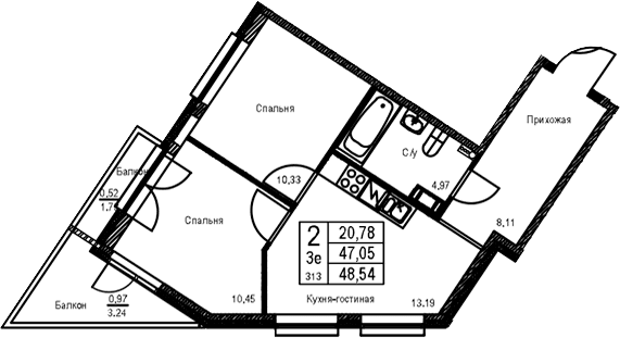 Планировка: Евротрёшка 47,1 м² в ЖК «ID Kudrovo II»