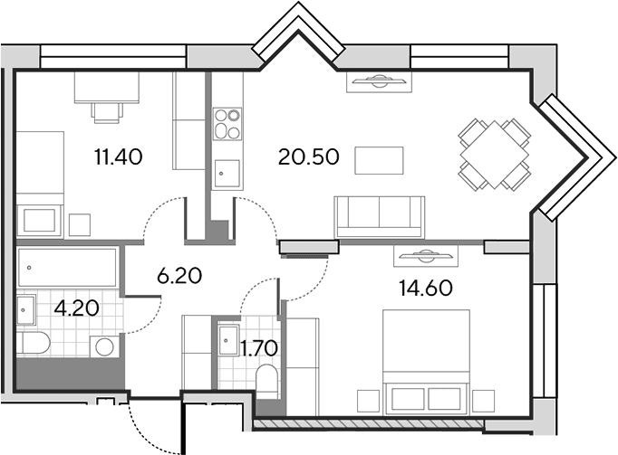 Планировка: Евротрёшка 58,6 м² в ЖК «Вейв»
