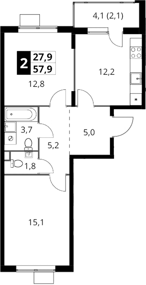 Планировка: 2-комнатная квартира 55,8 м² в ЖК «1-й Шереметьевский»