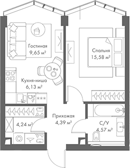 Планировка: Евродвушка 44,6 м² в ЖК «МИРА»