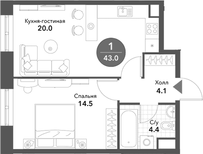 Планировка: Евродвушка 43 м² в ЖК «Воксхолл»
