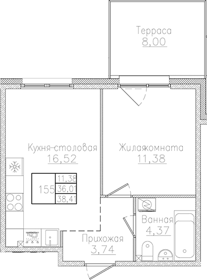 Планировка: Евродвушка 36 м² в ЖК «Счастье 2.0»