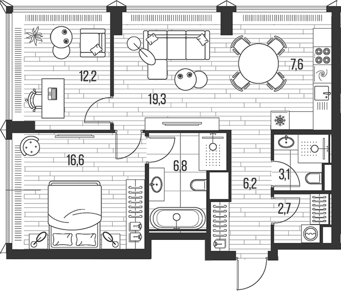 Планировка: Евротрёшка 74,5 м² в ЖК «HIGH LIFE»