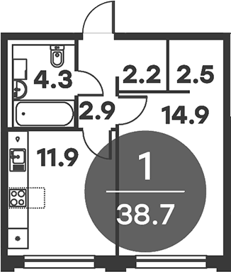 Планировка: 1-комнатная квартира 38,7 м² в ЖК «Равновесие»