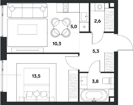Планировка: Евродвушка 40,5 м² в ЖК «АЛИА»