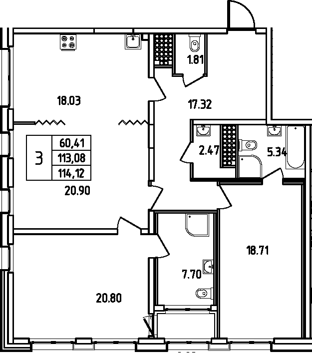 Планировка: Квартира евро-4 113,1 м² в ЖК «Дефанс»