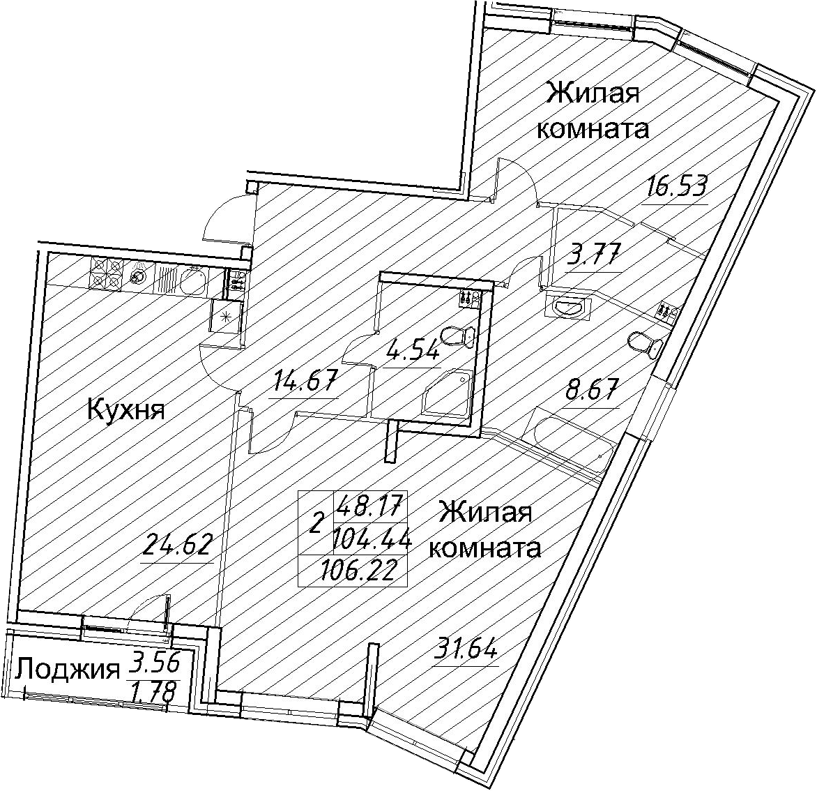 Планировка: 2-комнатная квартира 104,4 м² в ЖК «Modum»