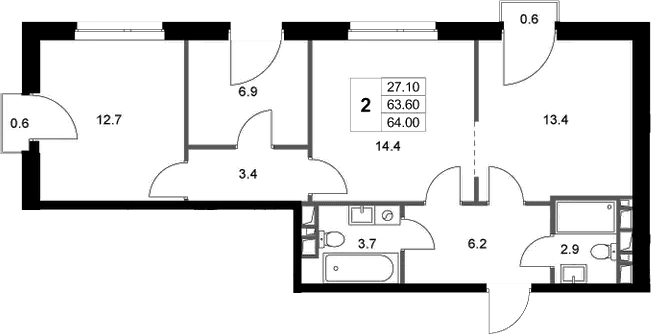 Планировка: 2-комнатная квартира 63,8 м² в ЖК «Легенда Марусино»