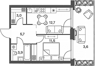 Планировка: Евродвушка 36,8 м² в ЖК «Портленд»