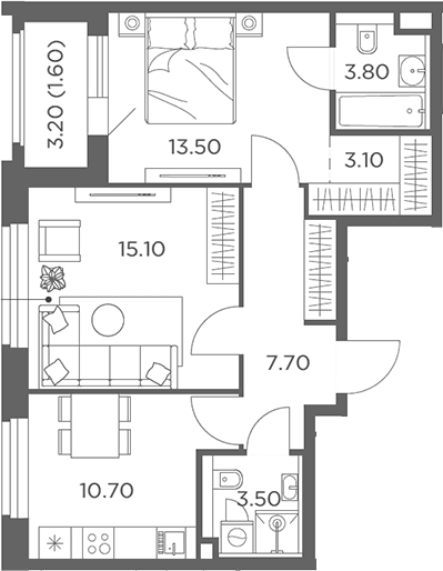 Планировка: 2-комнатная квартира 57,4 м² в ЖК «Белый Град»