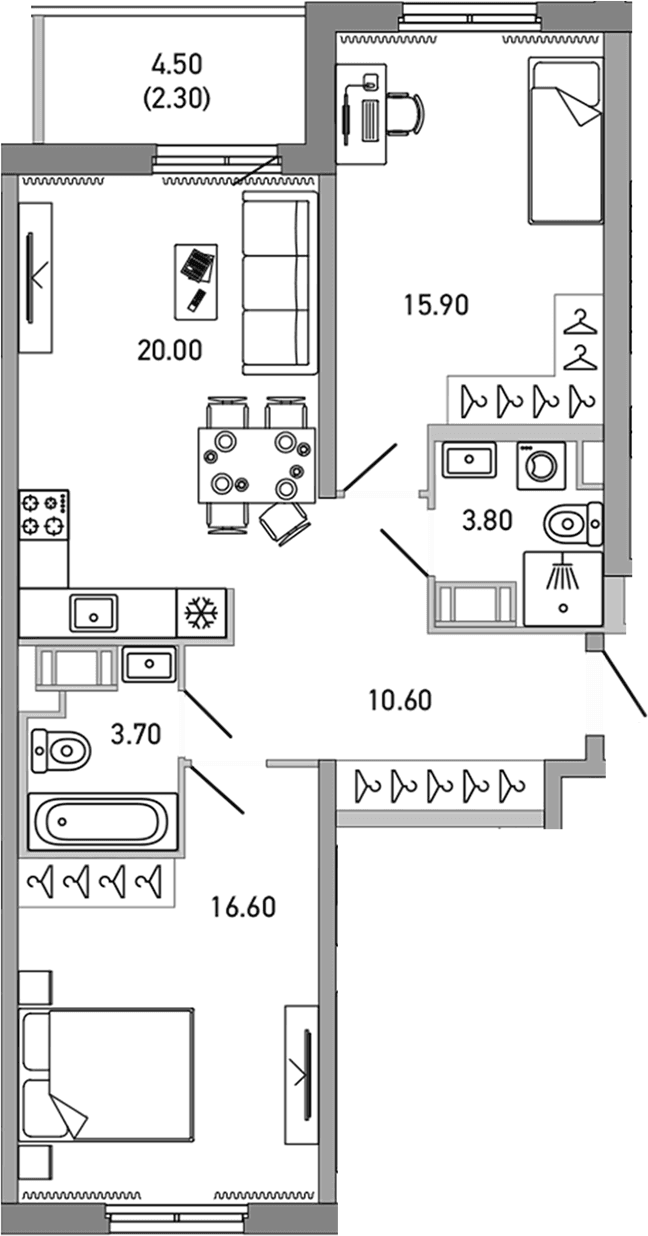 Планировка: 2-комнатная квартира 70,6 м² в ЖК «ЛОВО»