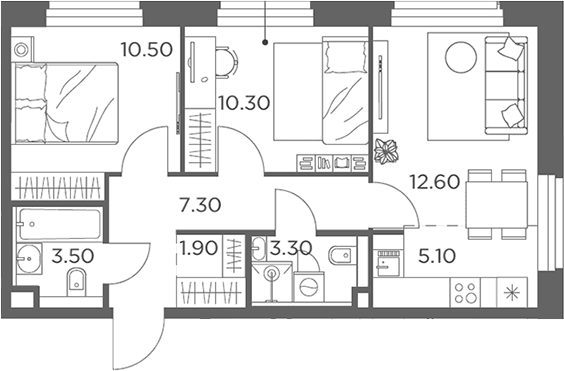 Планировка: Евротрёшка 54,5 м² в ЖК «Белый Град»