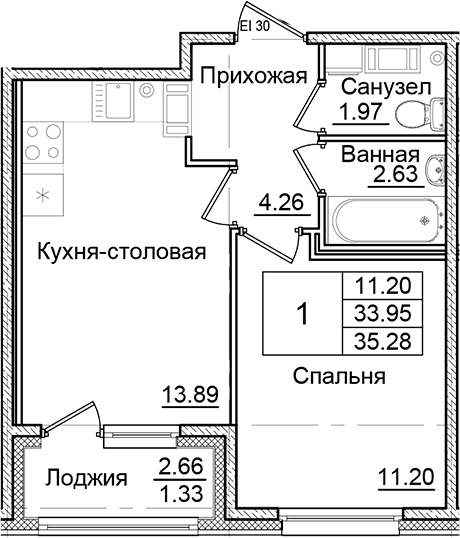 Планировка: 1-комнатная квартира 34 м² в ЖК «Квартал Заречье»