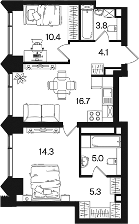 Планировка: Евротрёшка 59,6 м² в ЖК «РАКУРС»