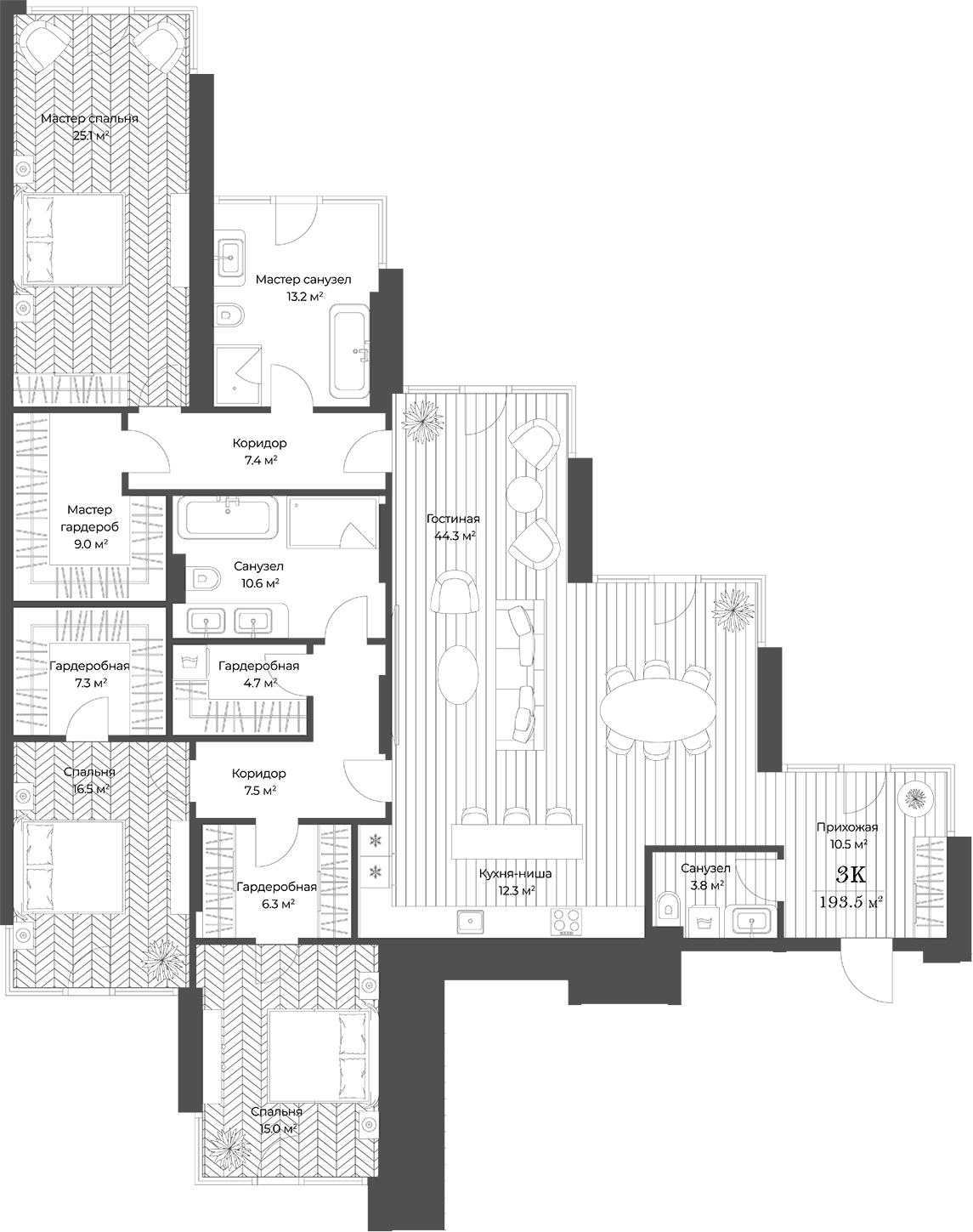 Планировка: Квартира евро-4 193,5 м² в ЖК «Опус»
