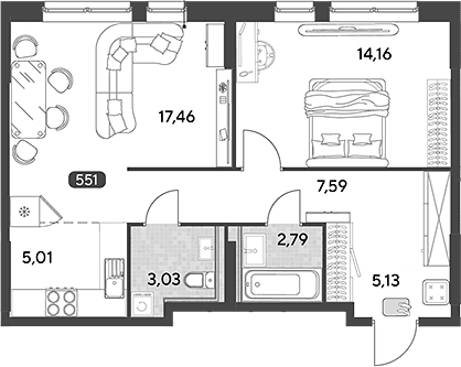 Планировка: Евродвушка 55,2 м² в ЖК «Космопарк»