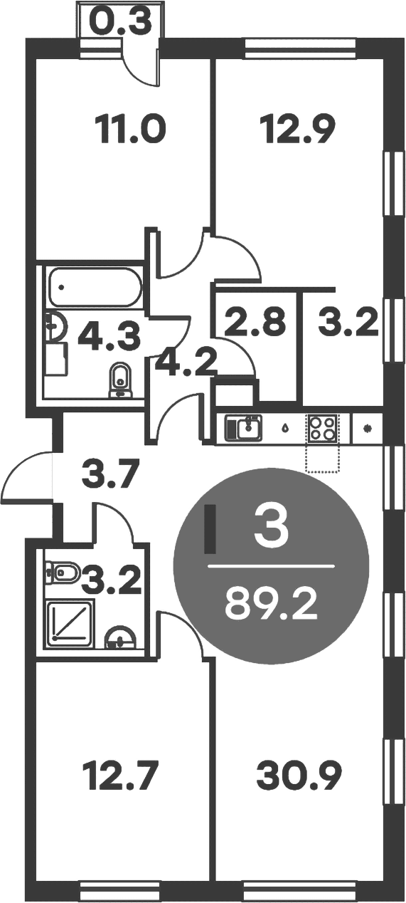 Планировка: 3-комнатная квартира 88,9 м² в ЖК «Равновесие»