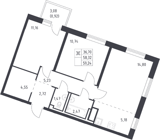 Планировка: Евротрёшка 58,3 м² в ЖК «Квартал Лаголово»