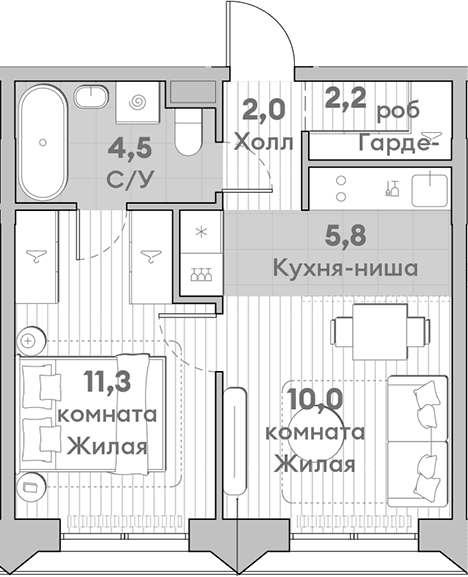 Планировка: Евродвушка 35,8 м² в ЖК «НАТИВ»