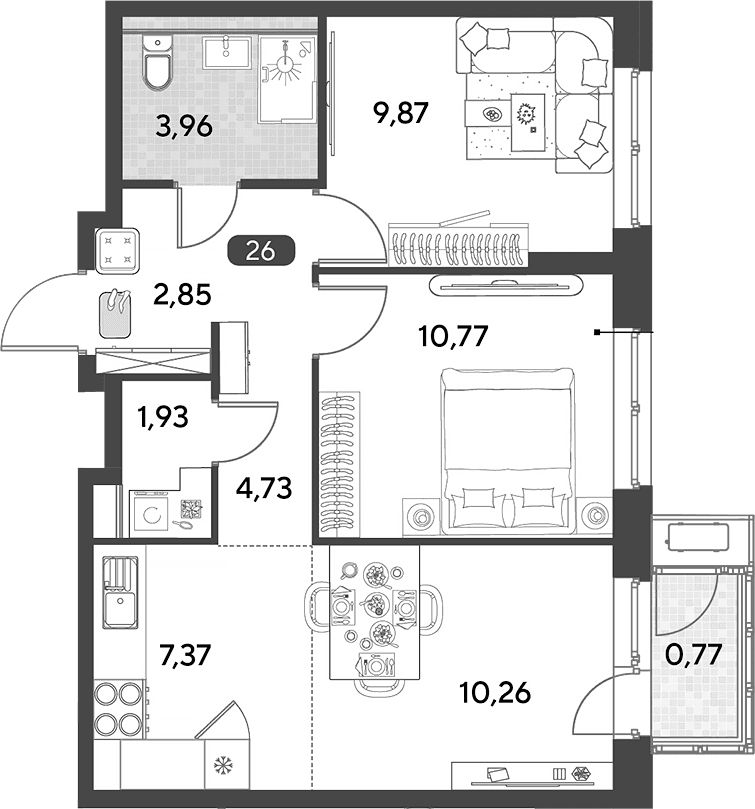 Планировка: Евротрёшка 51,7 м² в ЖК «Космопарк»