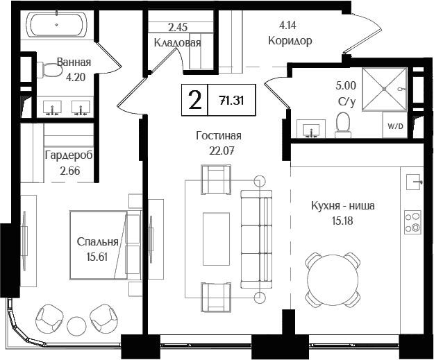 Планировка: Евродвушка 71,3 м² в ЖК «Преображенская площадь»