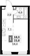 Планировка: Студия 33,8 м² в ЖК «Амбер Сити»