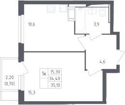 Планировка: 1-комнатная квартира 34,4 м² в ЖК «Мытищи Парк»