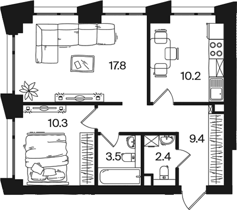 Планировка: 2-комнатная квартира 53,6 м² в ЖК «РАКУРС»