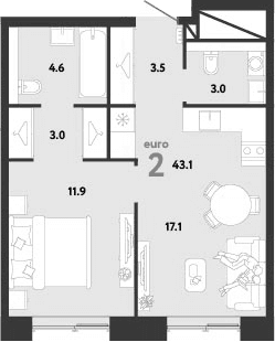 Планировка: Евродвушка 43,1 м² в ЖК «Страна.Заречная»