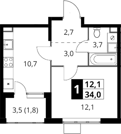 Планировка: 1-комнатная квартира 32,2 м² в ЖК «1-й Шереметьевский»