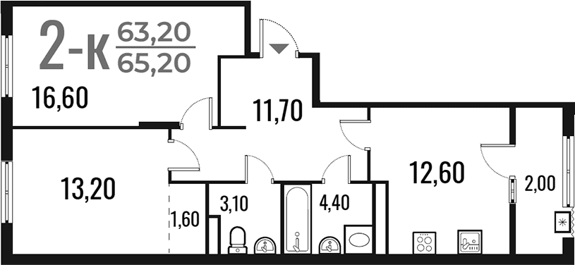 Планировка: 2-комнатная квартира 63,2 м² в ЖК «Новое Летово»