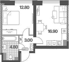 Планировка: Евродвушка 37,5 м² в ЖК «Обручева 30»