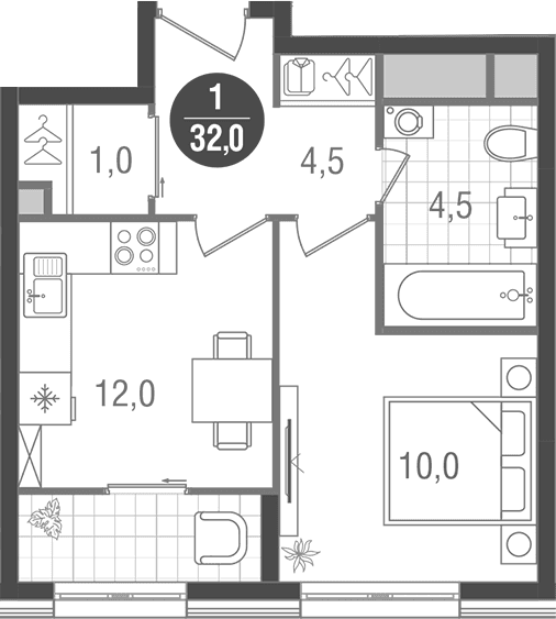 Планировка: 1-комнатная квартира 32 м² в ЖК «Кантемировский»