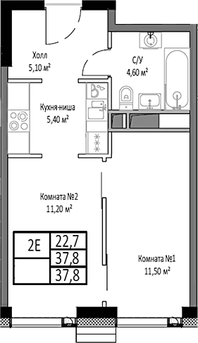 Планировка: Евродвушка 37,8 м² в ЖК «Мираполис»