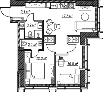 Планировка: Евротрёшка 50,7 м² в ЖК «Веер»