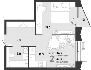 Планировка: Евродвушка 33,6 м² в ЖК «Страна.Заречная»