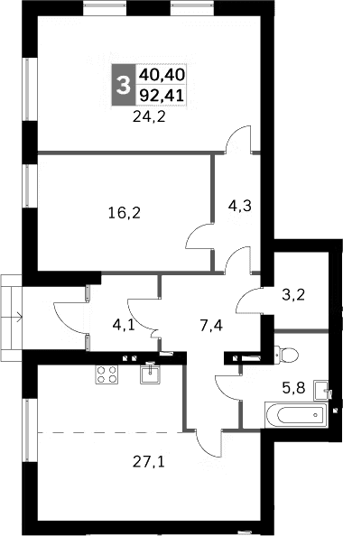 Планировка: Евротрёшка 90,6 м² в ЖК «Парк Апрель»