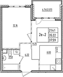 Планировка: Евродвушка 35,2 м² в ЖК «ЛесАрт»