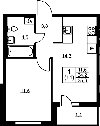 Планировка: 1-комнатная квартира 34,2 м² в ЖК «Ермак»
