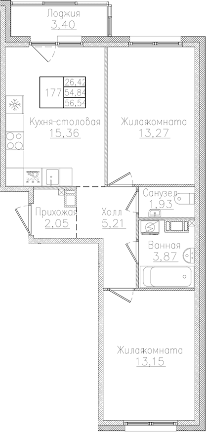Планировка: Евротрёшка 54,8 м² в ЖК «Счастье 2.0»