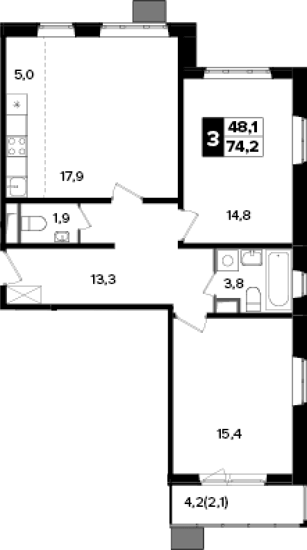 Планировка: Евротрёшка 72,1 м² в ЖК «Южная Битца»