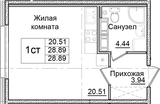 Планировка: Студия 28,9 м² в ЖК «Квартал Заречье»