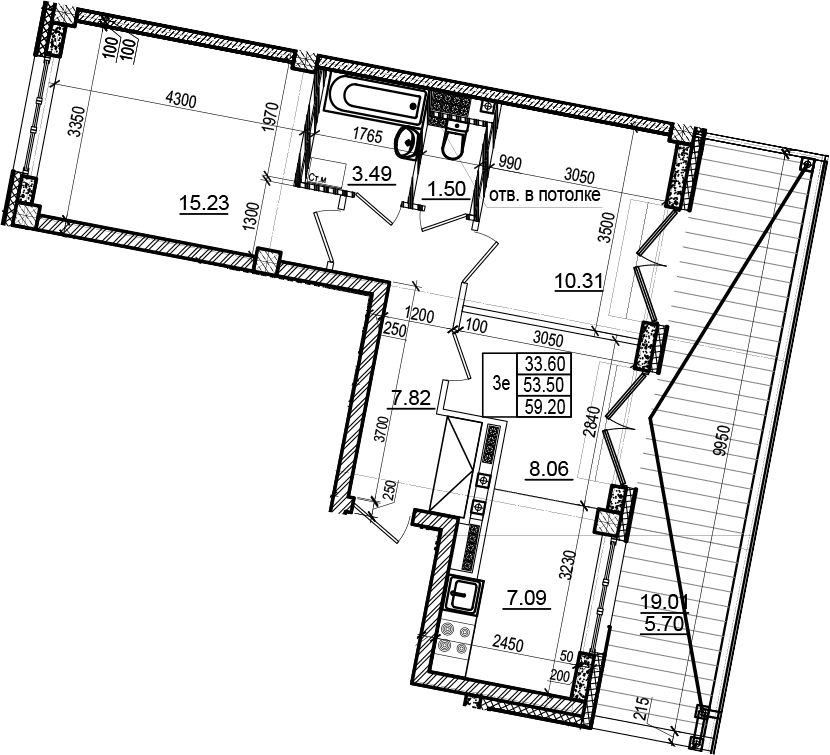 Планировка: Евротрёшка 53,5 м² в ЖК «Neva Residence»
