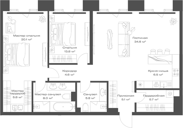 Планировка: Евротрёшка 110 м² в ЖК «Опус»