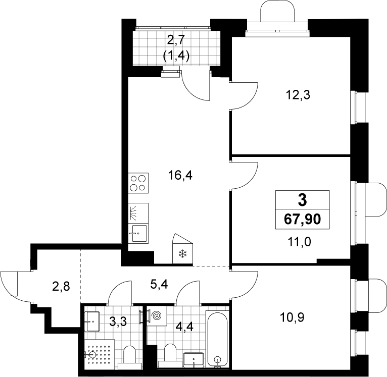 Планировка: Квартира евро-4 66,5 м² в ЖК «Прокшино»