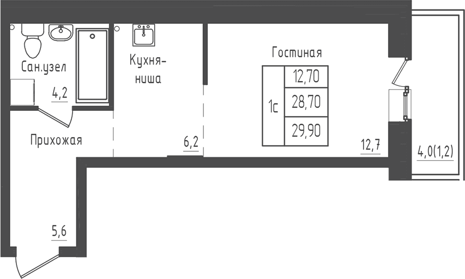 Планировка: Студия 28,7 м² в ЖК «Зеленый город»