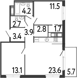 Планировка: Евротрёшка 66,9 м² в ЖК «Передвижники»